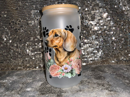 Dachshund Paw Print and Floral -Frosted 16oz Glass Tumbler