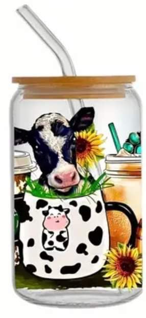 COW COFFEE Print -Rainbow Shimmer Colorful Haze Glass Tumbler (Green)