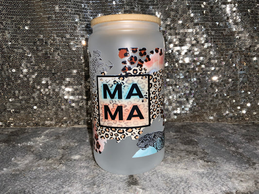 MAMA Cheetah Print-Frosted 16oz Glass Tumbler