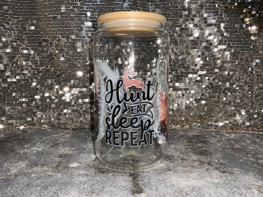 Hunt Eat Sleep REPEAT Buck-Clear 16oz Glass Tumbler