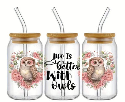 Life Is Better with Owls-Vibrant Owl-Clear 16oz Glass Tumbler