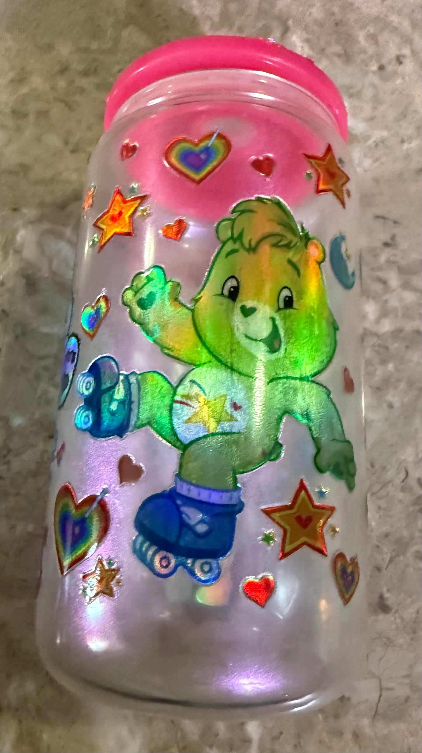 Care Bear Inspired 16 oz Pink Glass Cup with Holographic Design with decorative lid topper