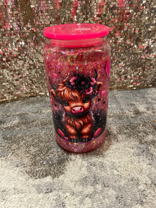 Baby Highland Cow roses, butterfly, hearts, black Pink Chunky Glitter Snowglobe Tumbler