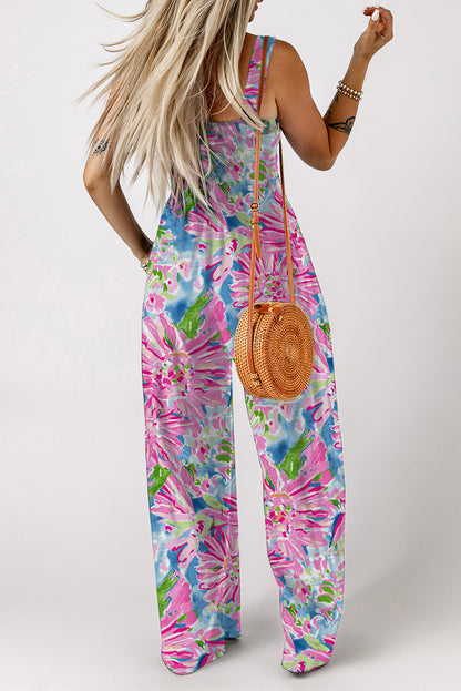 Black Smocked Sleeveless Wide Leg Jumpsuit with Pockets