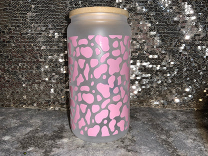 Pink Cow Print-Frosted 16oz Glass Tumbler