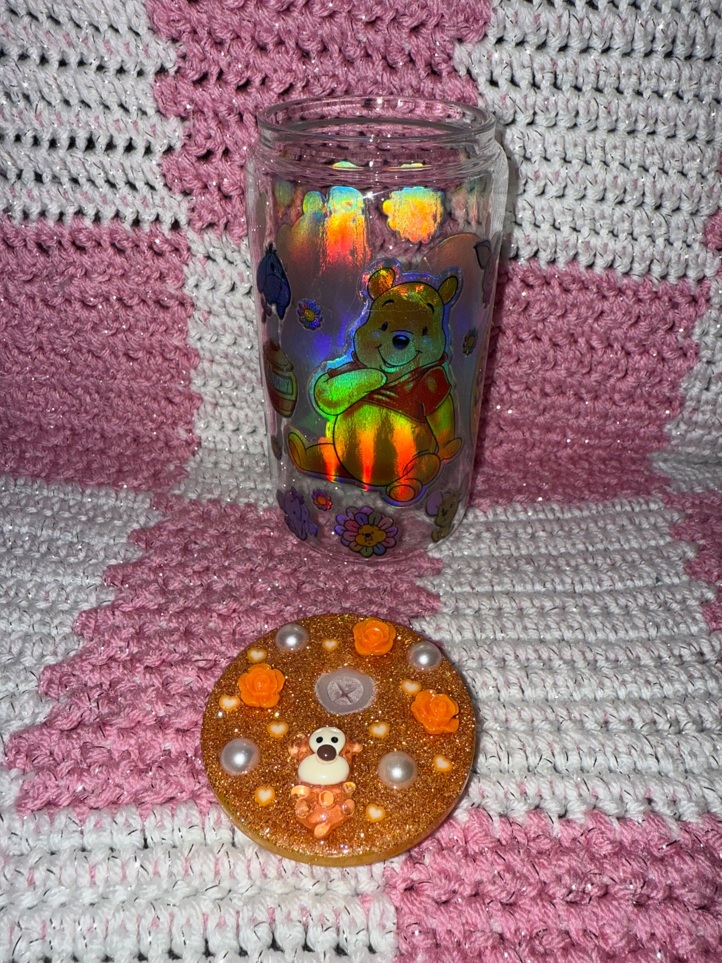 Winnie the Pooh Friends Forever 16 oz Glass Cup with Holographic Design with decorative lid topper