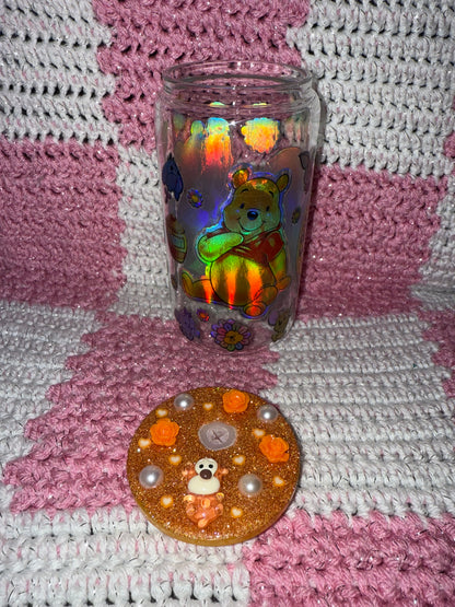 Winnie the Pooh Friends Forever 16 oz Glass Cup with Holographic Design with decorative lid topper