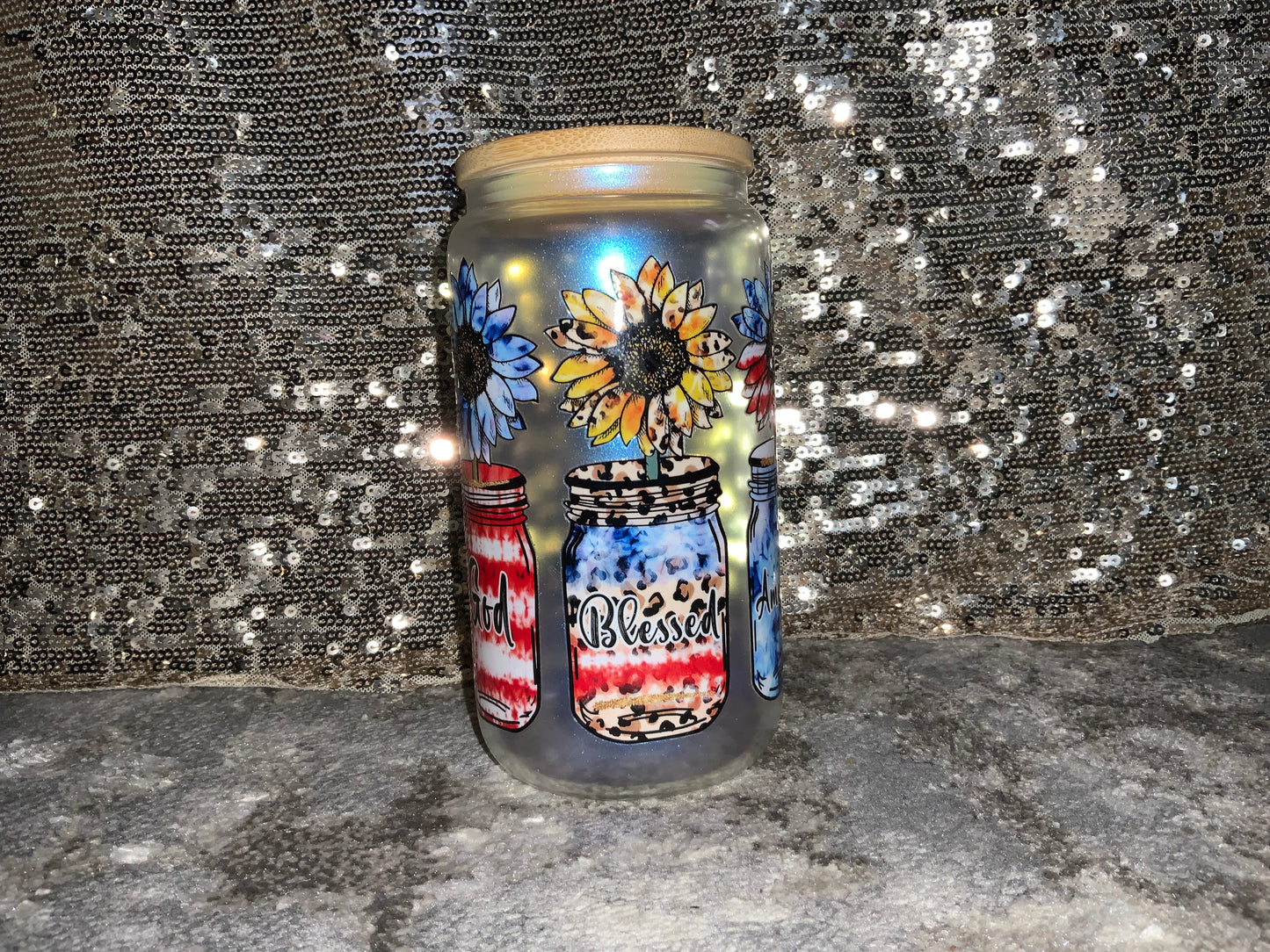 God Blessed America Print -Rainbow Shimmer Colorful Haze Glass Tumbler (Blue)