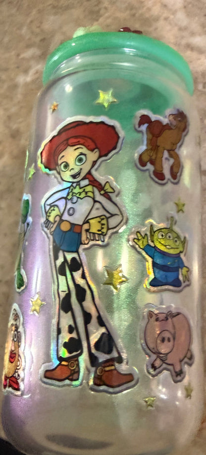 Toy Story Inspired 16 oz green shimmer Glass Cup with Holographic Design with decorative lid topper