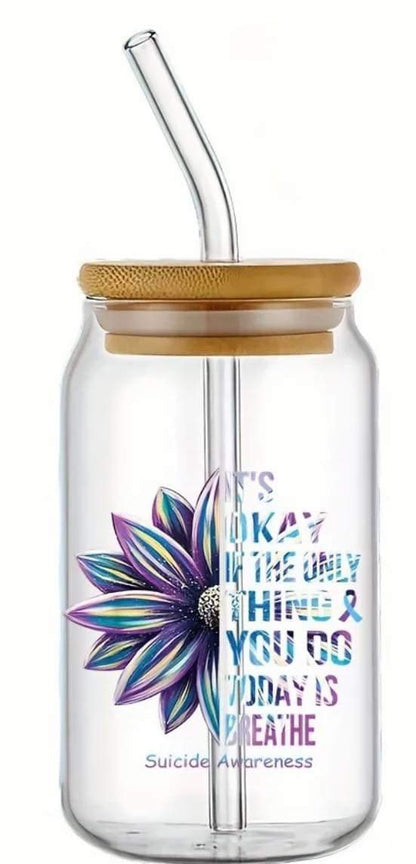 Suicide Awareness -Rainbow Shimmer Colorful Haze Glass Tumbler (Purple)