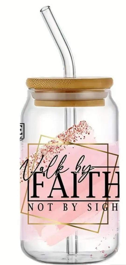 Walk by FAITH NOT BY SIGHT Print -Rainbow Shimmer Colorful Haze Glass Tumbler (Pink)