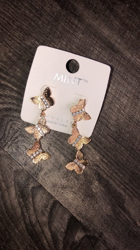 Gold Studded Diamond Butterfly Dangly Earring Set