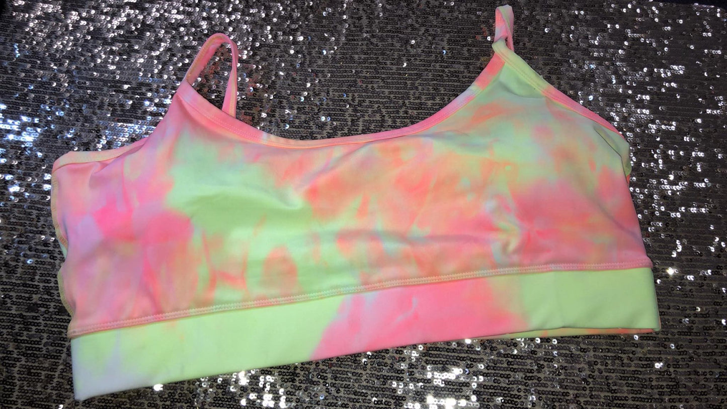 3X Pink and Yellow Tie Dye Sports Bra