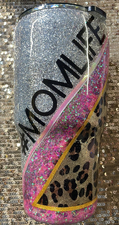 Mom Life Cheetah Print-Messy Bun Mama Pink and Silver Glitter Resin Tumbler