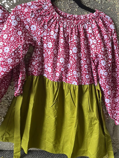 Red Floral Green Dress-Kids Sizes