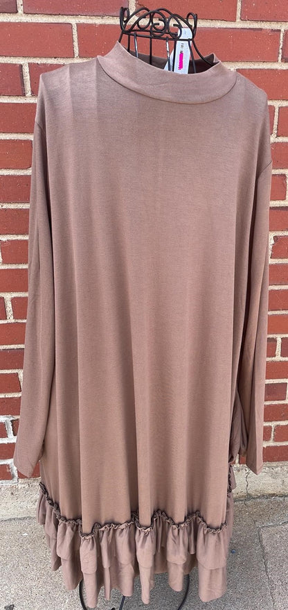 ZENANA 3/4 SLEEVE RUFFLE HEM MAXI DRESS WITH POCKETS DK Mocha-Size 2X