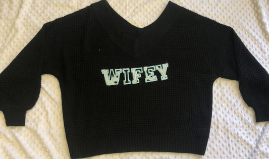 Zenana 2x Sweater-Black and White Cowhide with Baby Blue WIFEY Embroidered