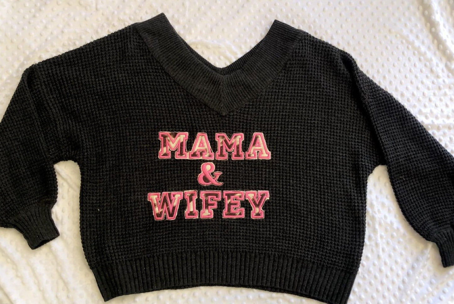 Zenana 3x Sweater-Brown and White Cow Hide with Pink MAMA & WIFEY Embroidered