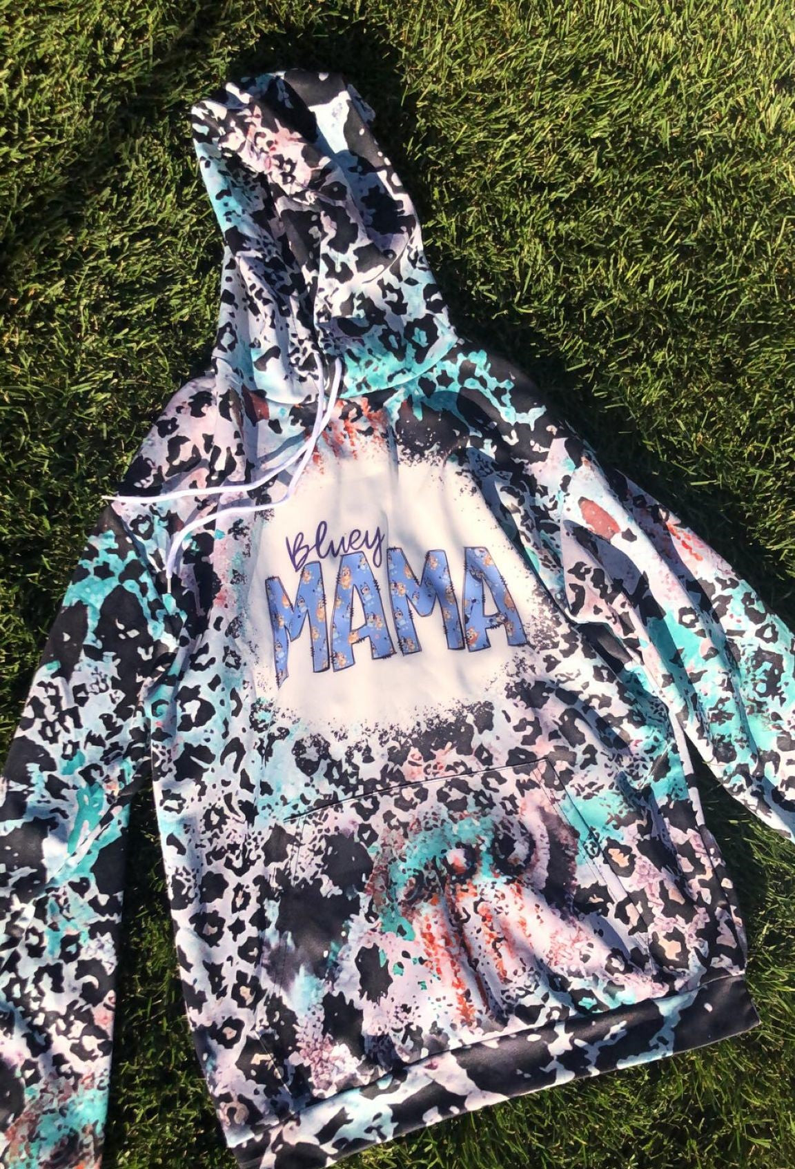 Bluey Mama Bleeched Teal Cheetah Hoodie-Size XL