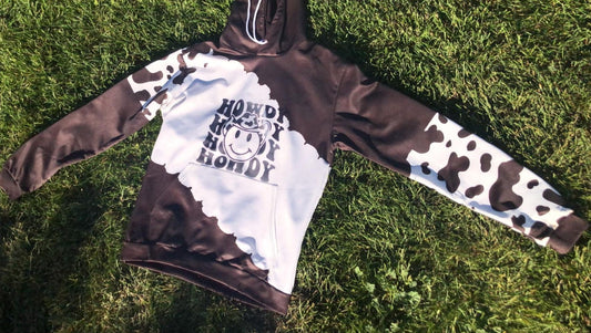 Smiley Howdy-Black and White- Cow Print Hoodie Size L