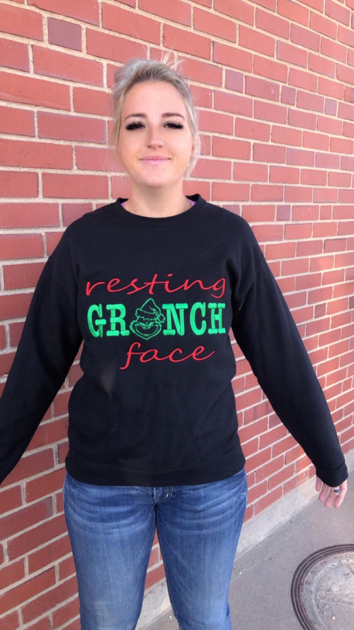 resting GRINCH face Embroidered Athletic Brand Sweater