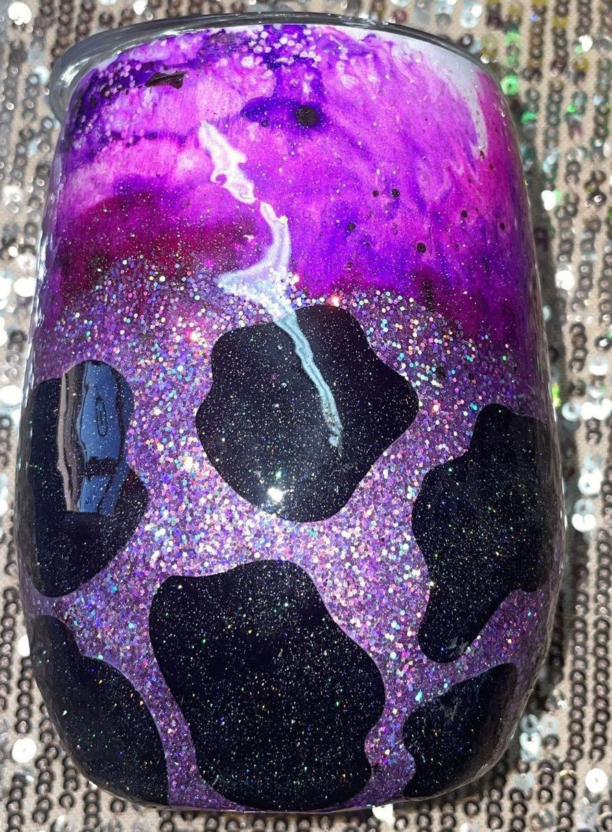 Cow Print Purple Glitter/Swirl Resin Wine Tumbler