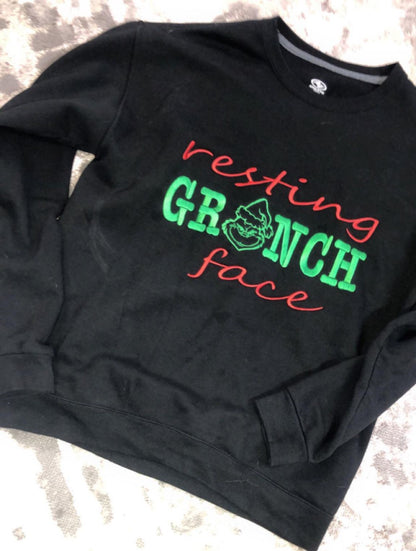 resting GRINCH face Embroidered Athletic Brand Sweater