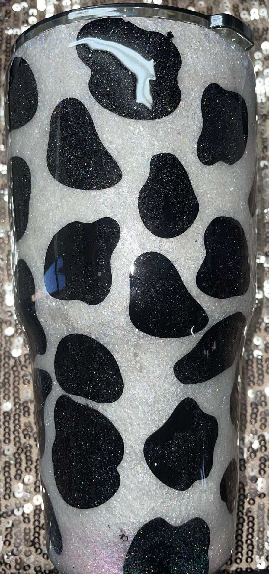 Silver White Iridescent Cow Print Glitter Resin Tumbler