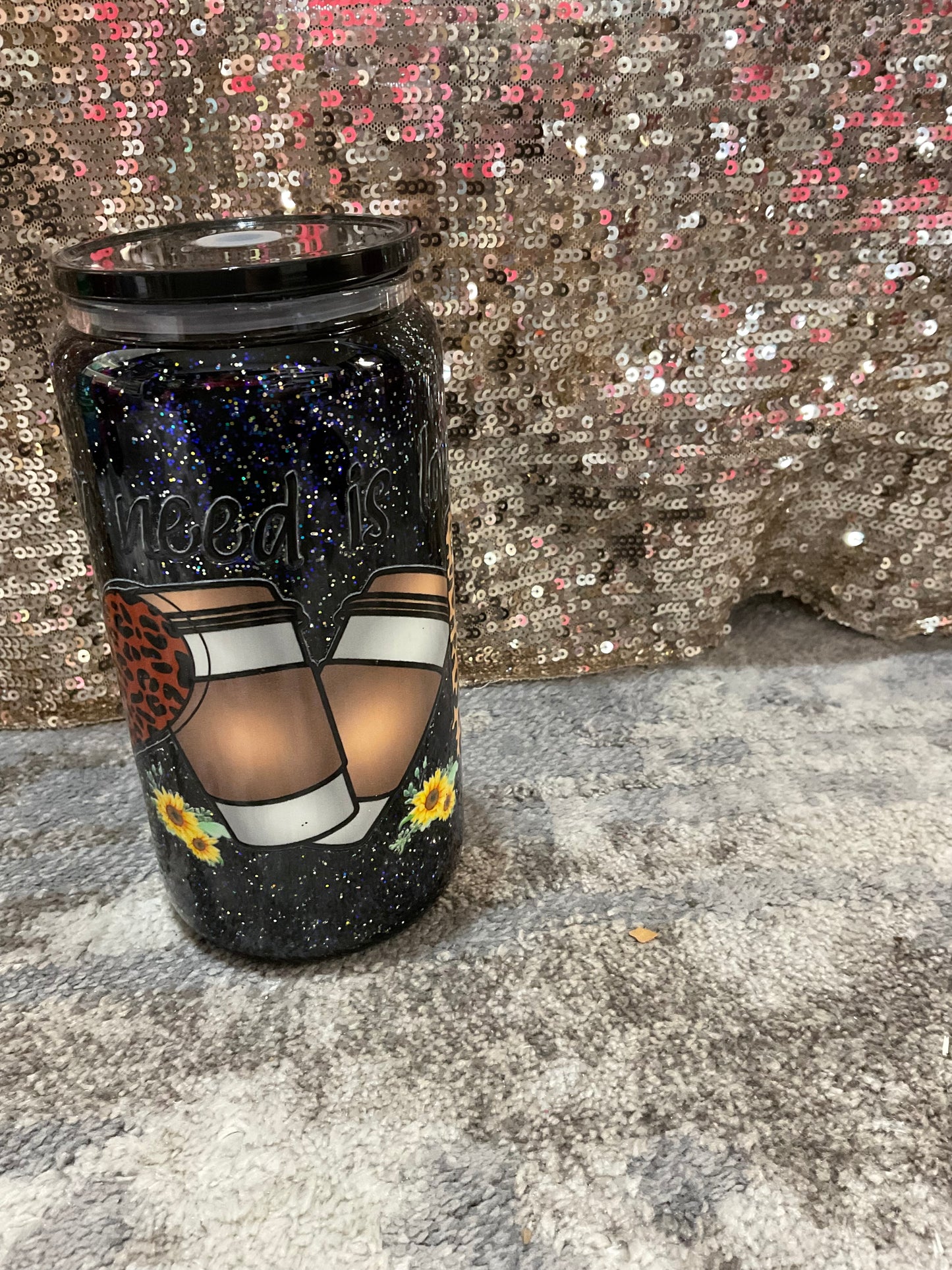 All you need is love, coffee, black, silver, and blue Glitter Snowglobe Tumbler