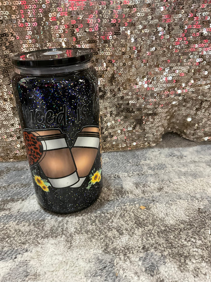 All you need is love, coffee, black, silver, and blue Glitter Snowglobe Tumbler