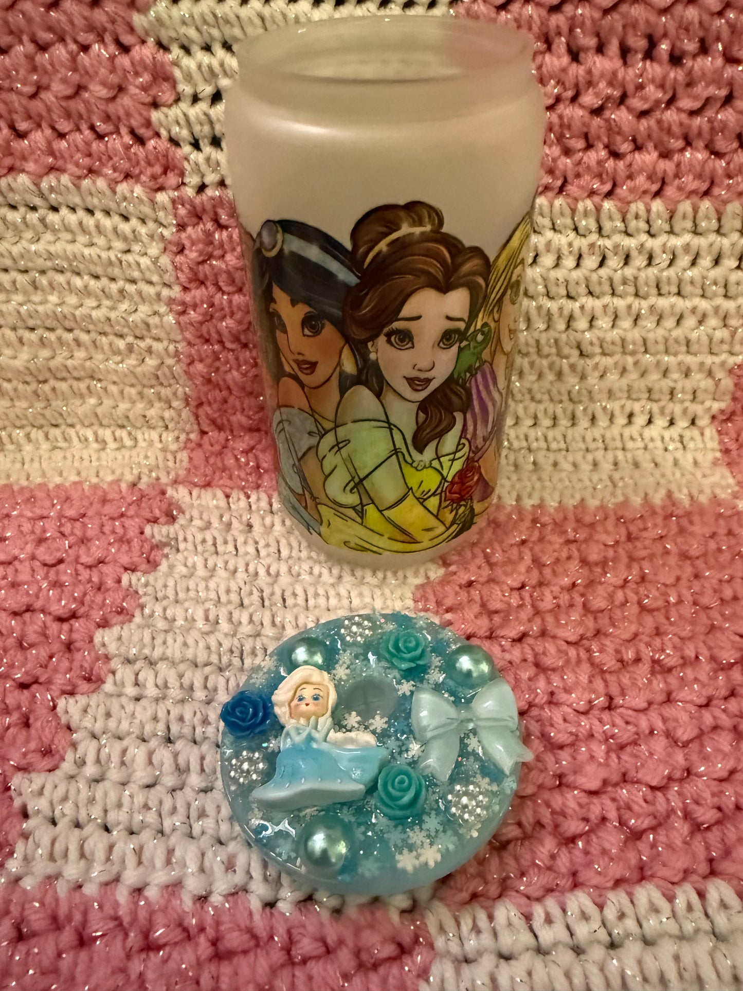 Disney Princess 16 oz Frosted Glass Cup with Holographic Design with decorative lid topper