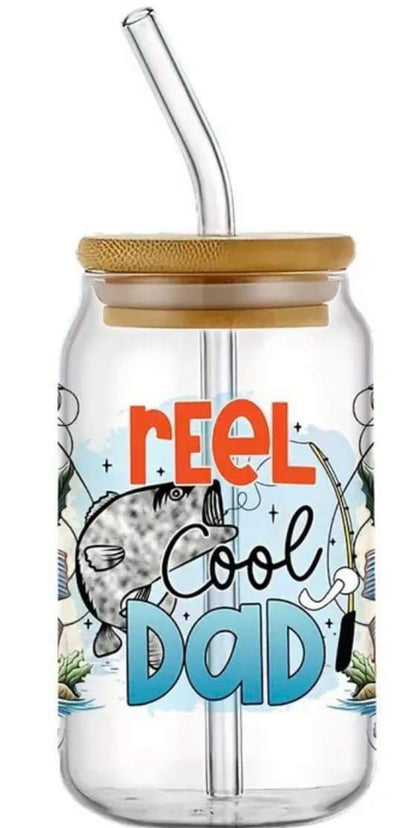 reel cool DAD -Rainbow Shimmer Colorful Haze Glass Tumbler (Blue)