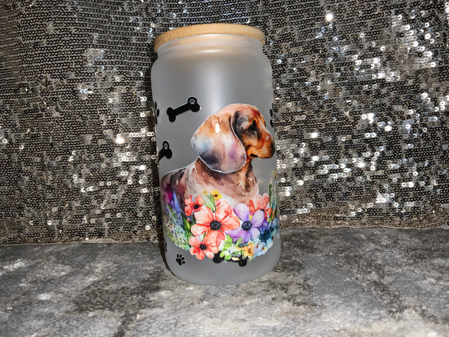 Dachshund-Floral-Paw Print-Bones-Frosted 16oz Glass Tumbler