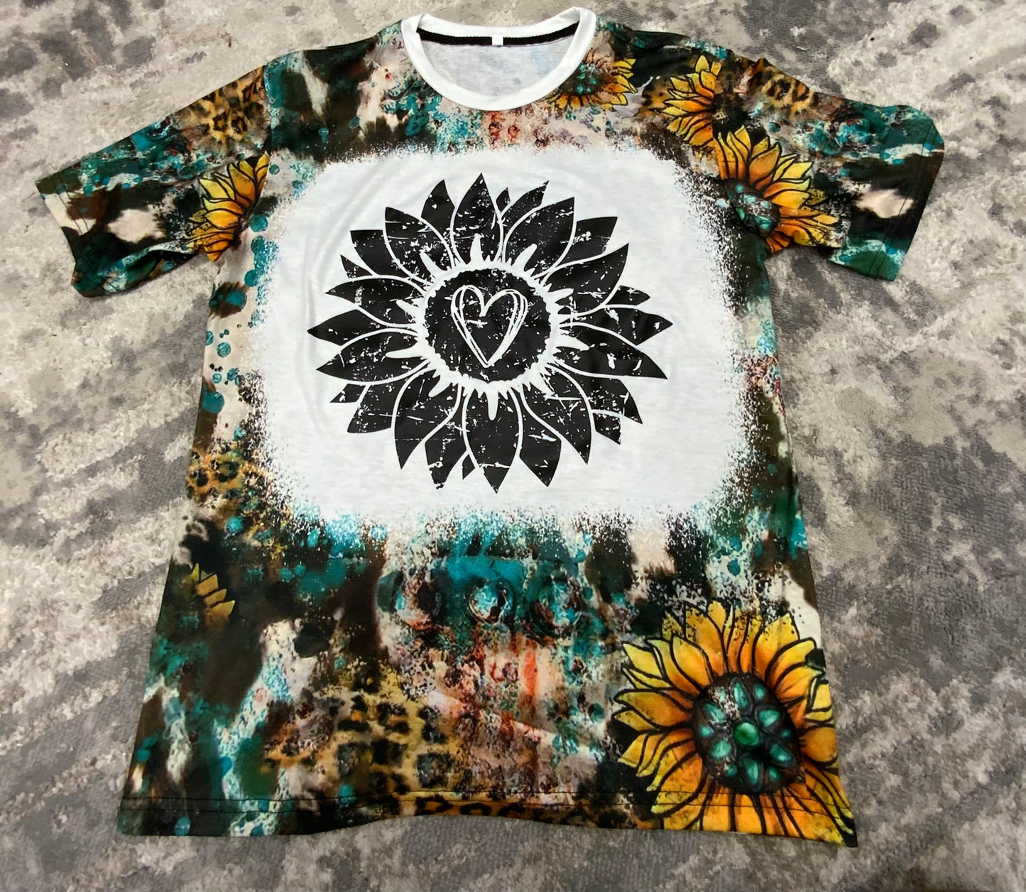 Sunflower T-shirt-Teal Color-Cow, Cheetah, Sunflower Bleached Printed