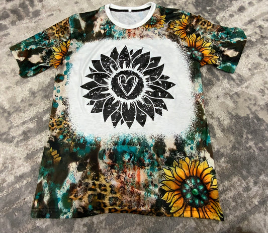 Sunflower T-shirt-Teal Color-Cow, Cheetah, Sunflower Bleached Printed