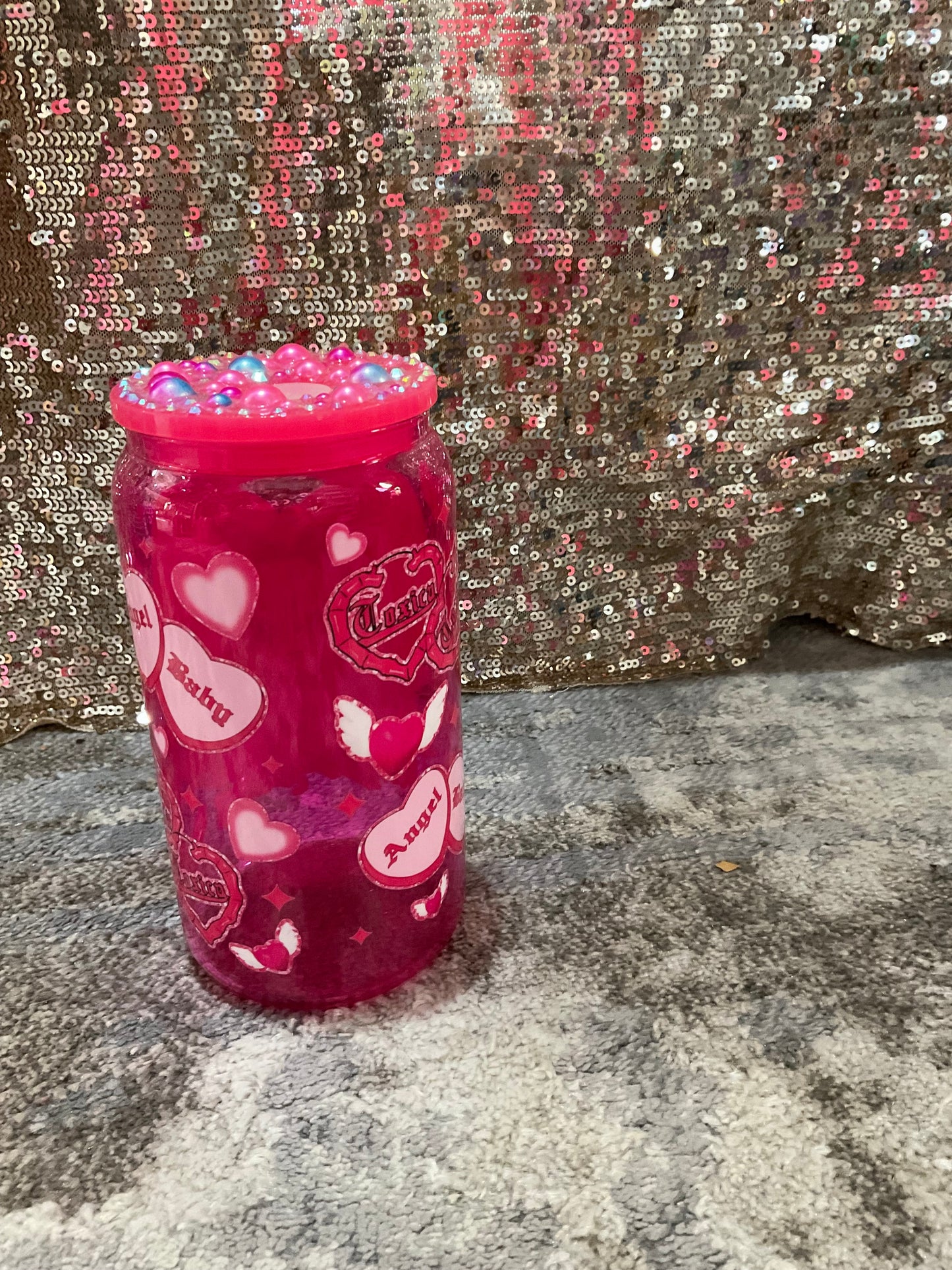Angel Baby Themed 16oz Pink Glass Tumbler with decorative lid topper