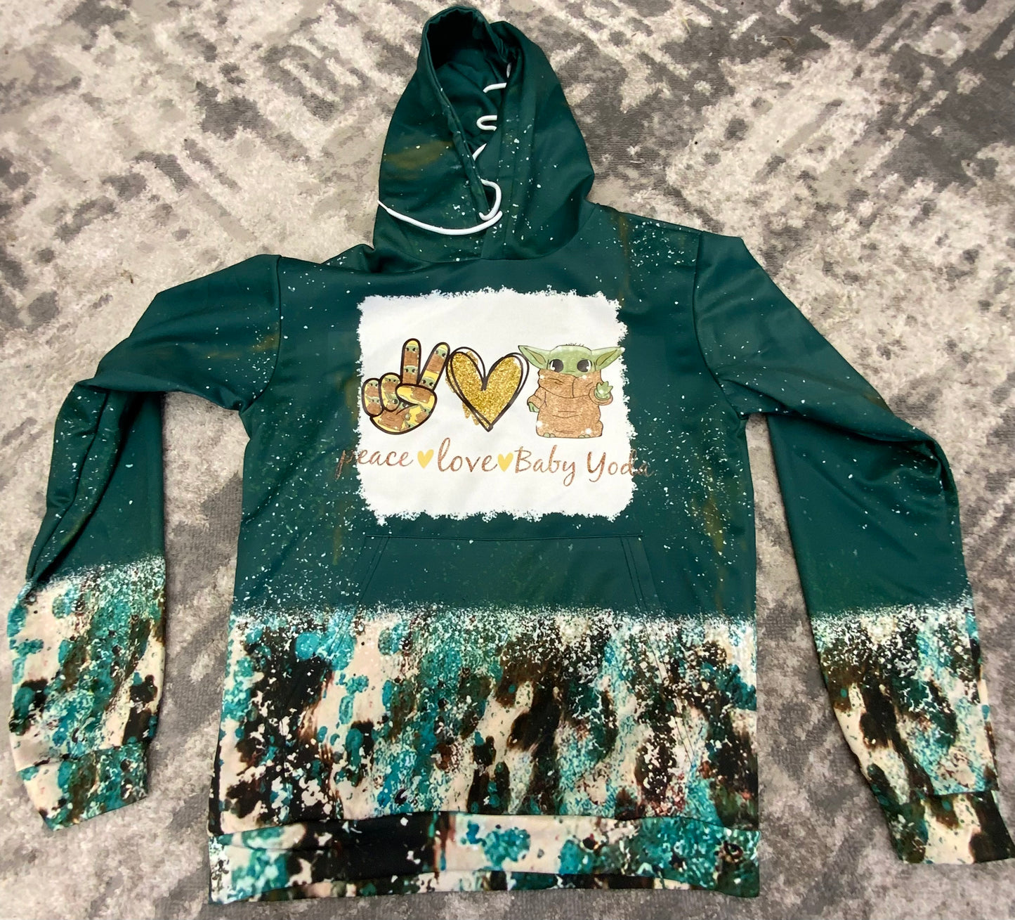 PEACE-LOVE-BABY YODA-Cow Print Teal Splatter GREEN Bleached Hoodie