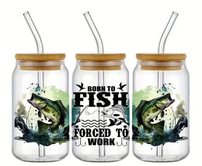 BORN TO FISH FORCED TO WORK Print -Rainbow Shimmer Colorful Haze Glass Tumbler (Green)