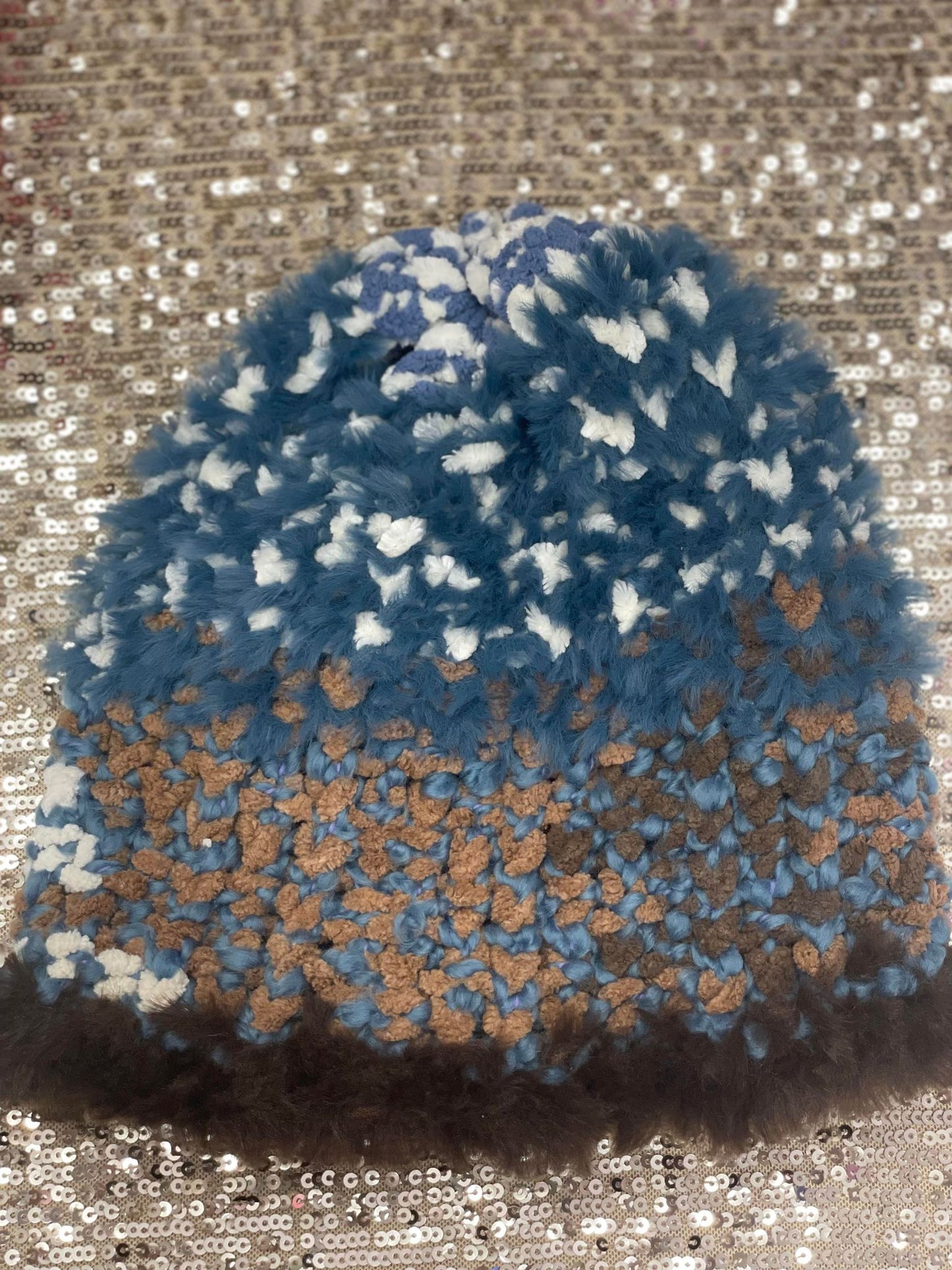 Adult Chunky Knit Fur Hat/Beanie/Blue and Brown/ Brown and Creme