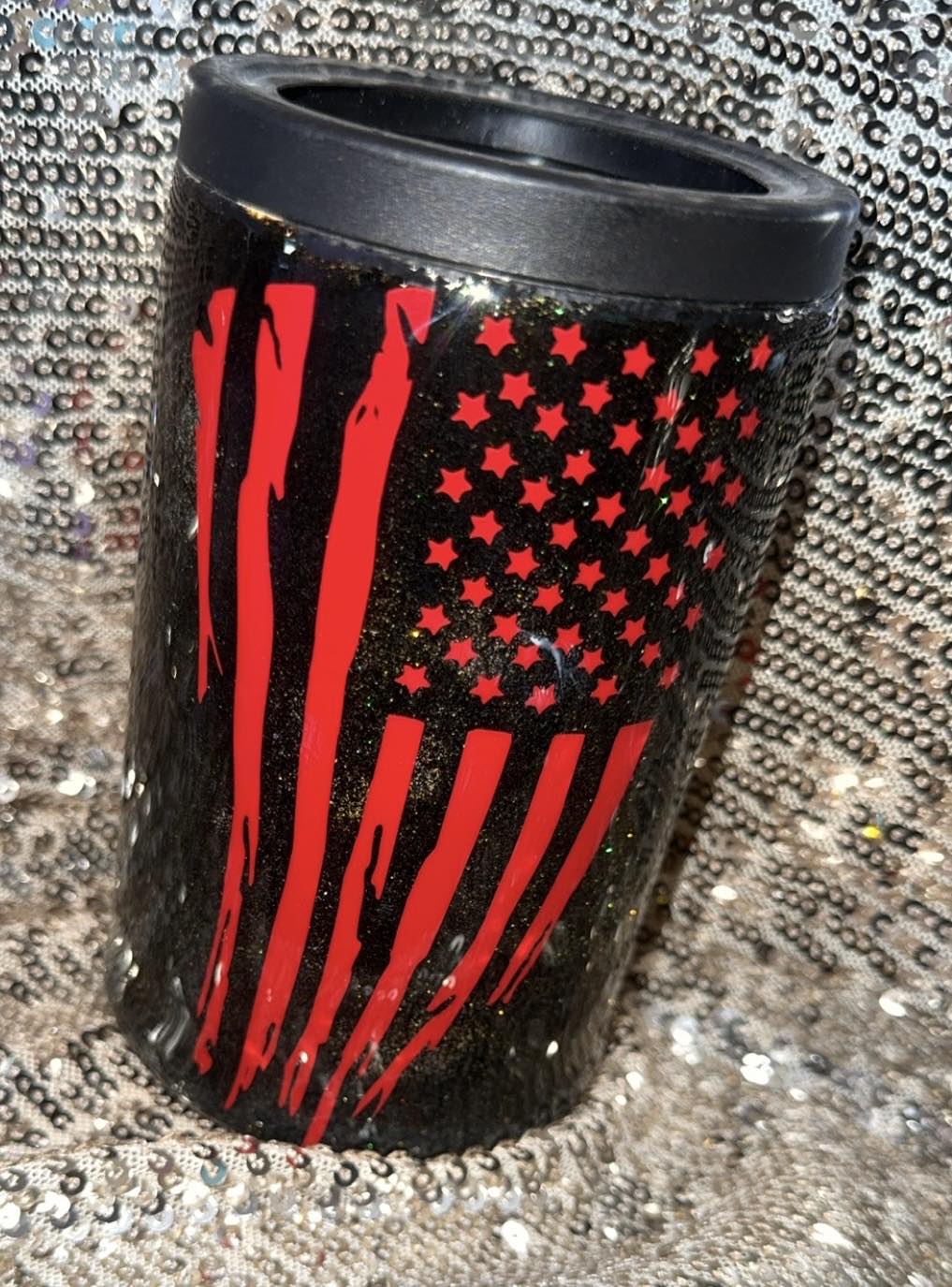 Firefighter/Flag Black Gold Iridescent Glitter Resin Koozie