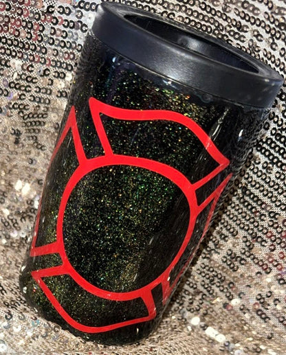 Firefighter/Flag Black Gold Iridescent Glitter Resin Koozie