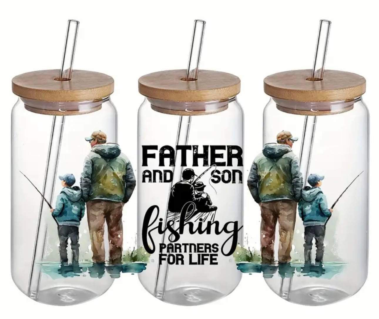 FATHER AND SON fishing PARTNERS FOR LIFE Print -Rainbow Shimmer Colorful Haze Glass Tumbler (Green)