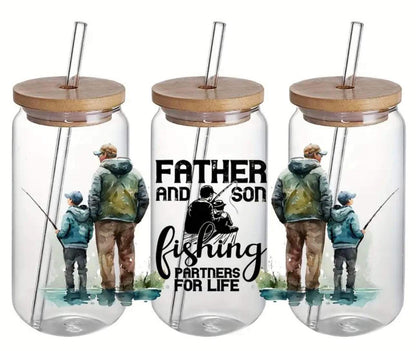 FATHER AND SON fishing PARTNERS FOR LIFE Print -Rainbow Shimmer Colorful Haze Glass Tumbler (Green)