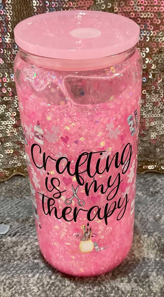 Crafting is my Therapy Snowglobe Chuncky Pink Glitter Tumbler