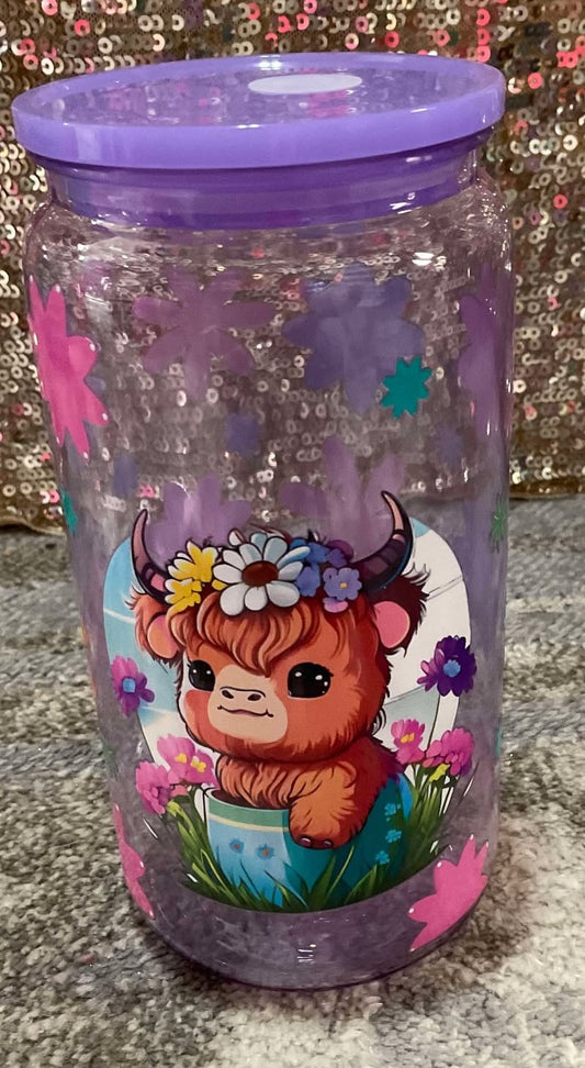 Baby Highland Cow Floral Purple Plastic Tumbler