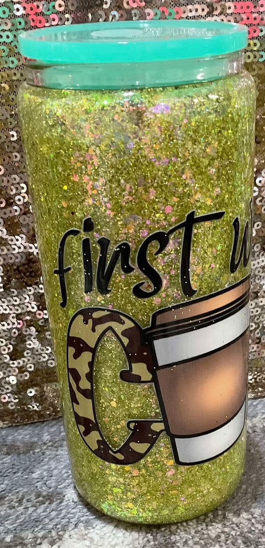 first we drink COFFEE Chunky Green Yellow Glitter Snowglobe Tumbler
