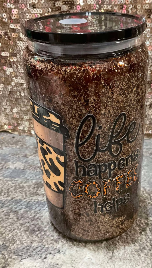 life happens COFFEE helps more COFFEE please Brown and Gold Glitter Snowglobe Tumbler