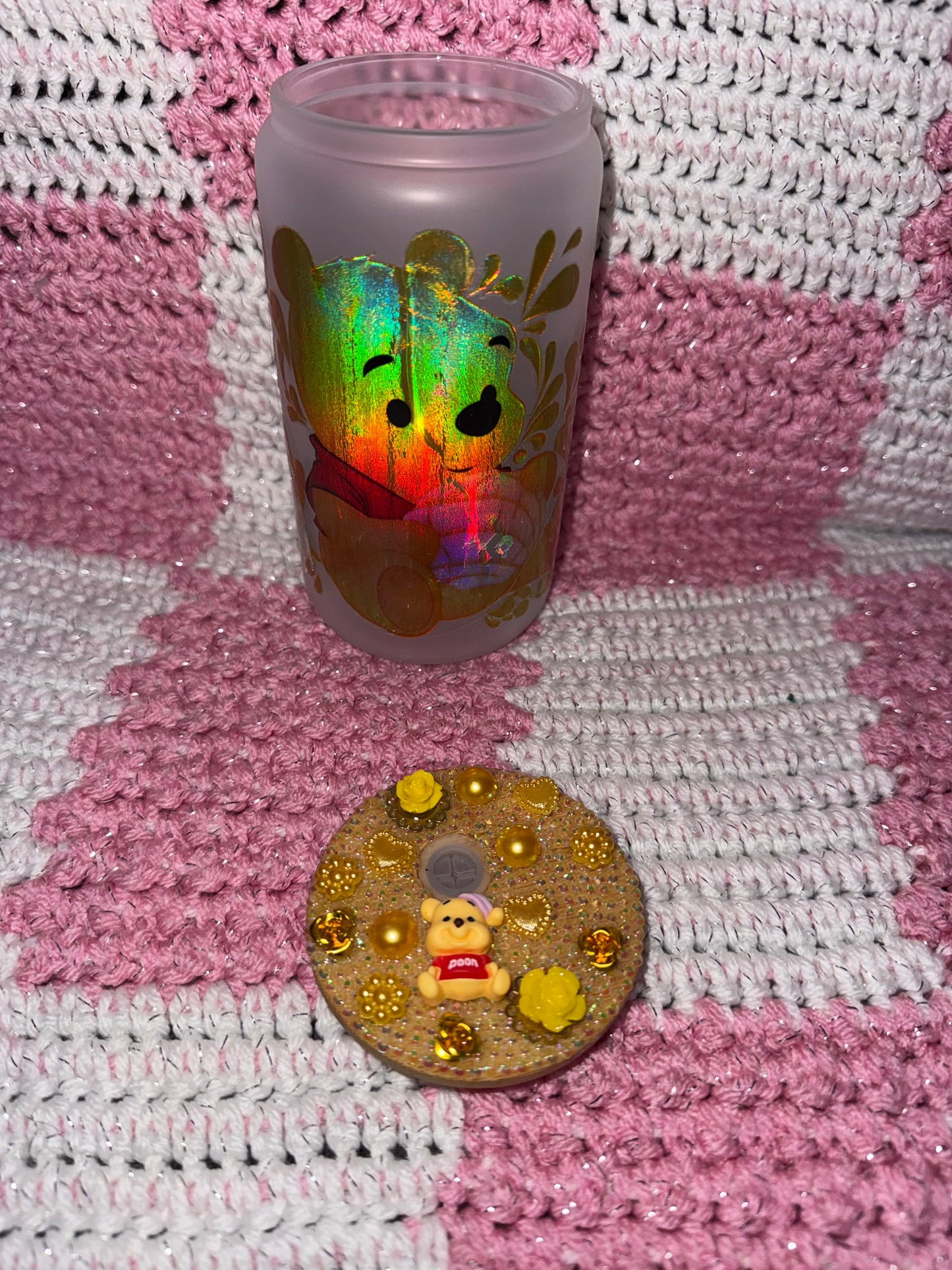 Winnie the Pooh 16 oz Frosted Glass￼ Cup with Holographic Design and decorative lid topper