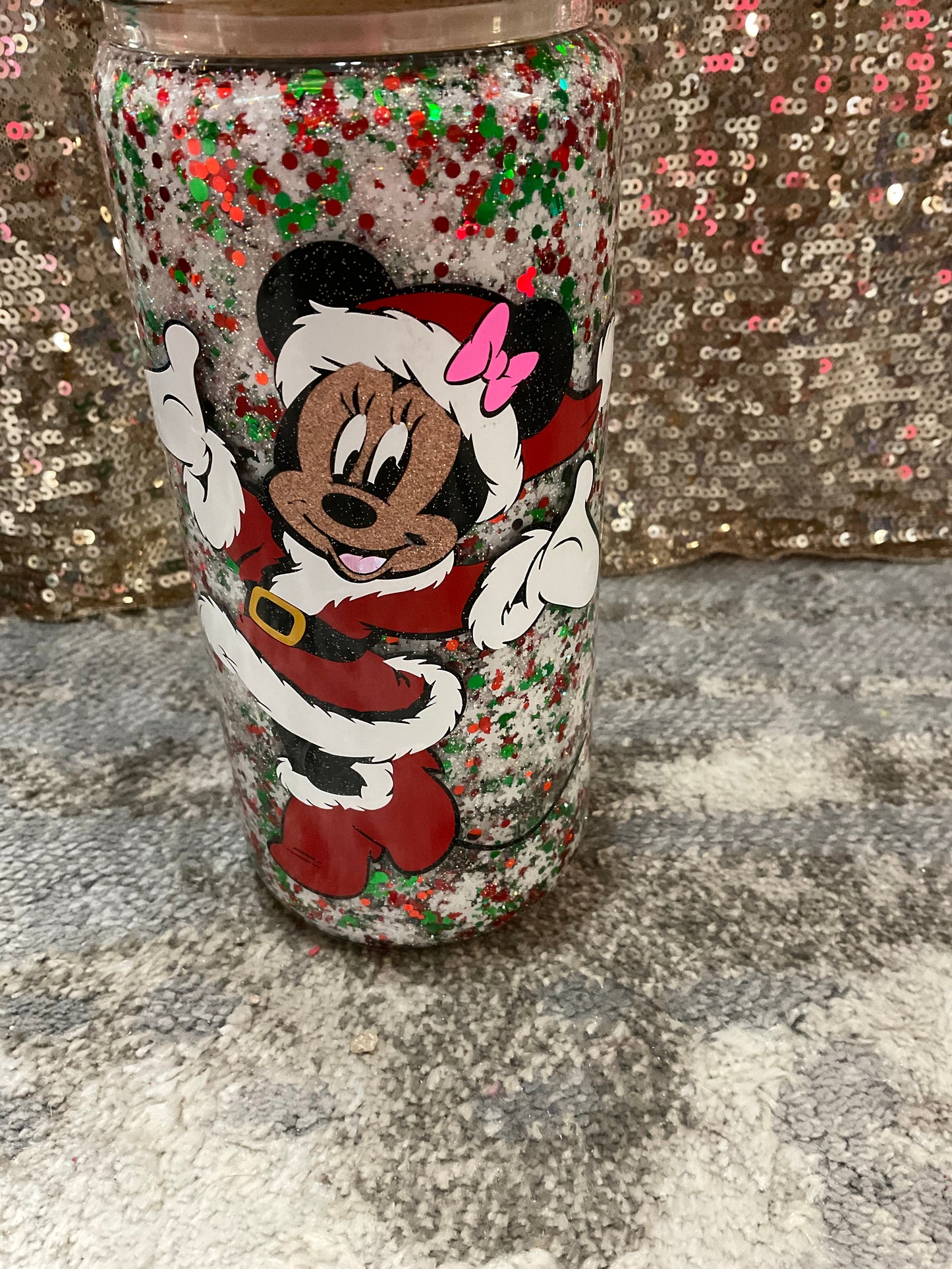 Mickey and Minnie Christmas, snowflake, red and green Glitter Snowglobe Tumbler