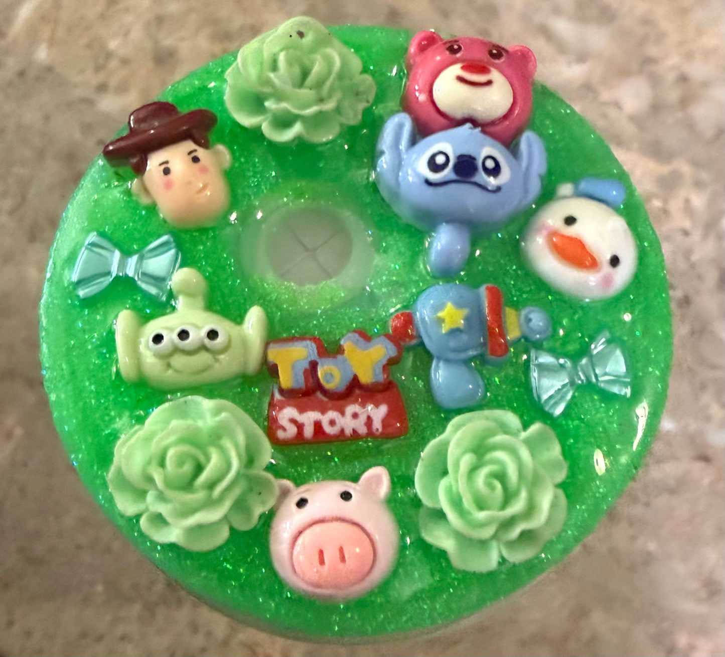Toy Story Inspired 16 oz green shimmer Glass Cup with Holographic Design with decorative lid topper